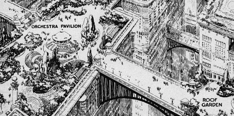 Excerpt from a 1923 illustration showing the American city of the future (Science and Invention/Novak Archive)